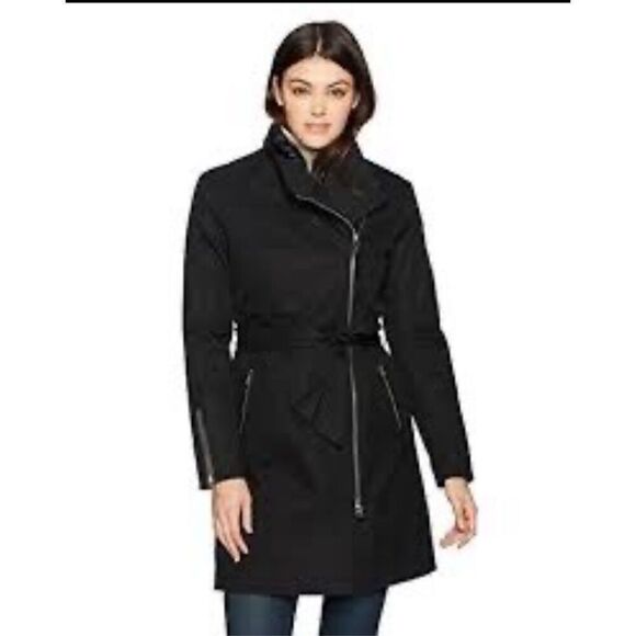 Mackage Montreal Women's Black Asymmetrical Zip Trench Coat Size Large - Picture 2 of 9